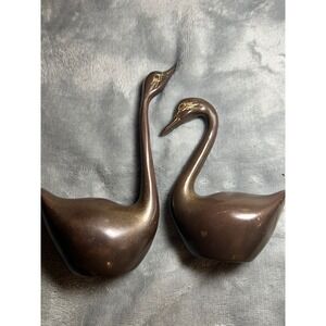 Vintage Brass Swan Figurines Pair Mid Century Modern 6 Inch Sculptures‎